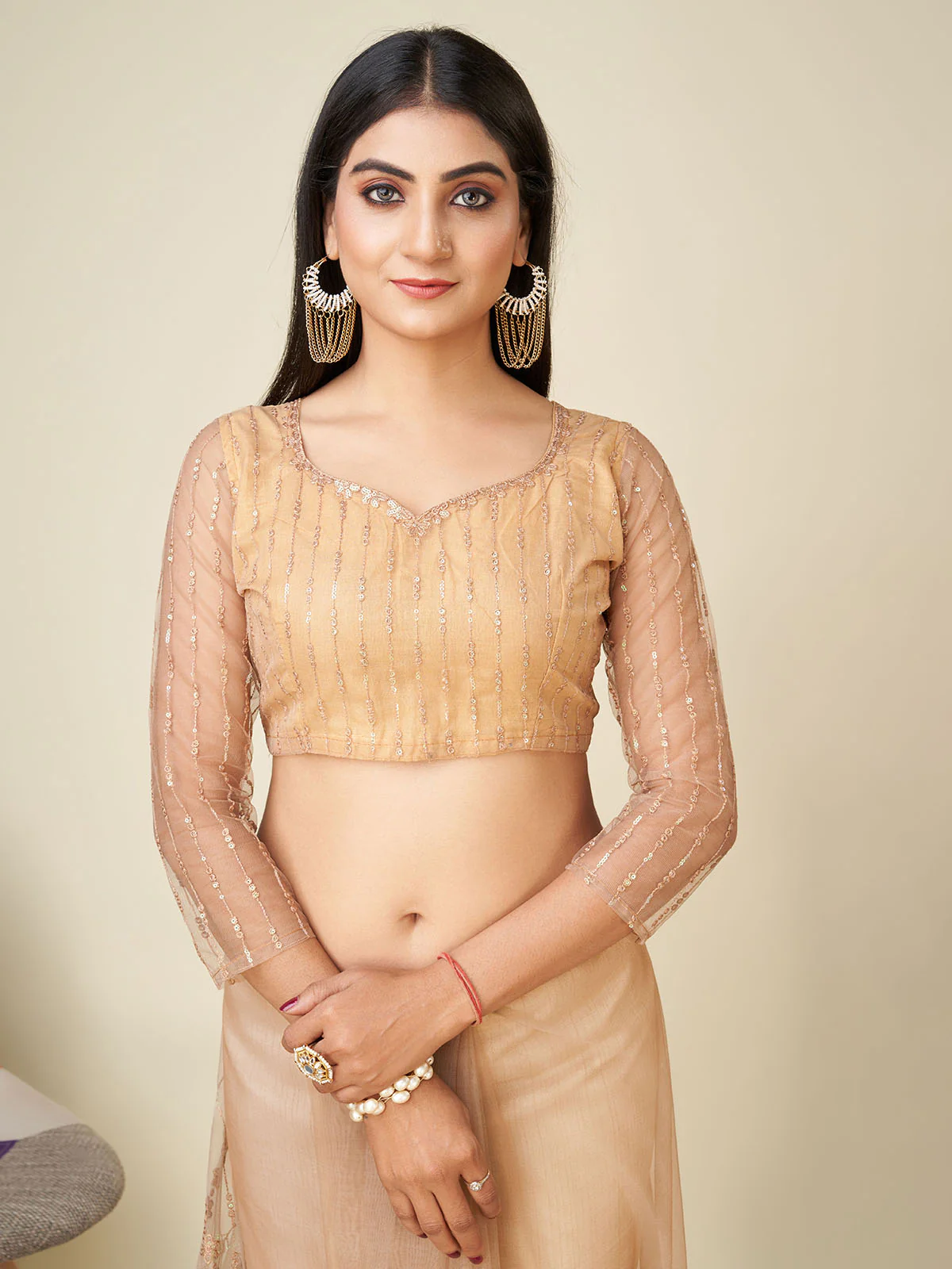 Odette Beige Embellished Net Saree With Unstitched Blouse For Women - Image 5