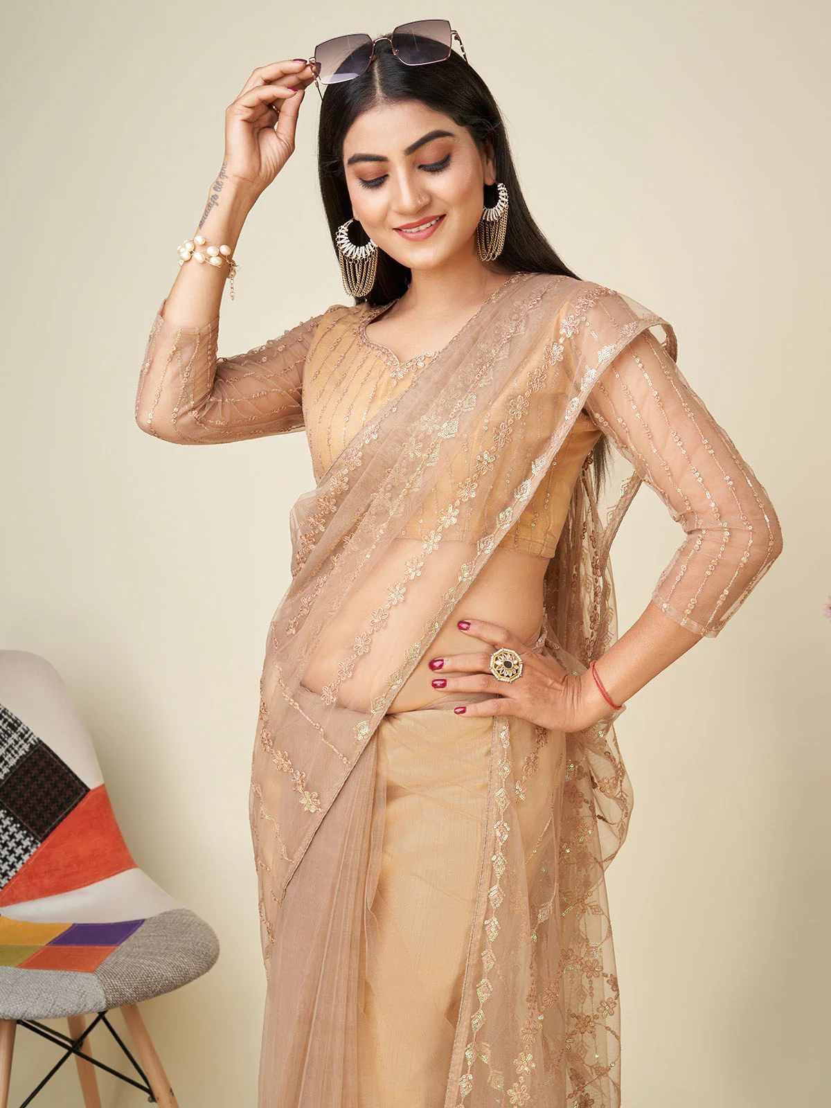 Odette Beige Embellished Net Saree With Unstitched Blouse For Women - Image 6