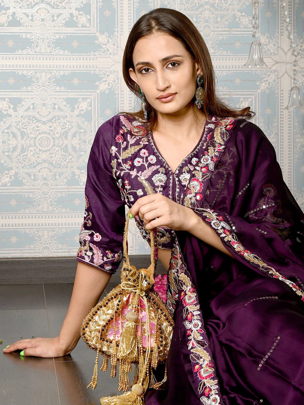 Odette Beige Embellished Potli Bag For Women - Image 2