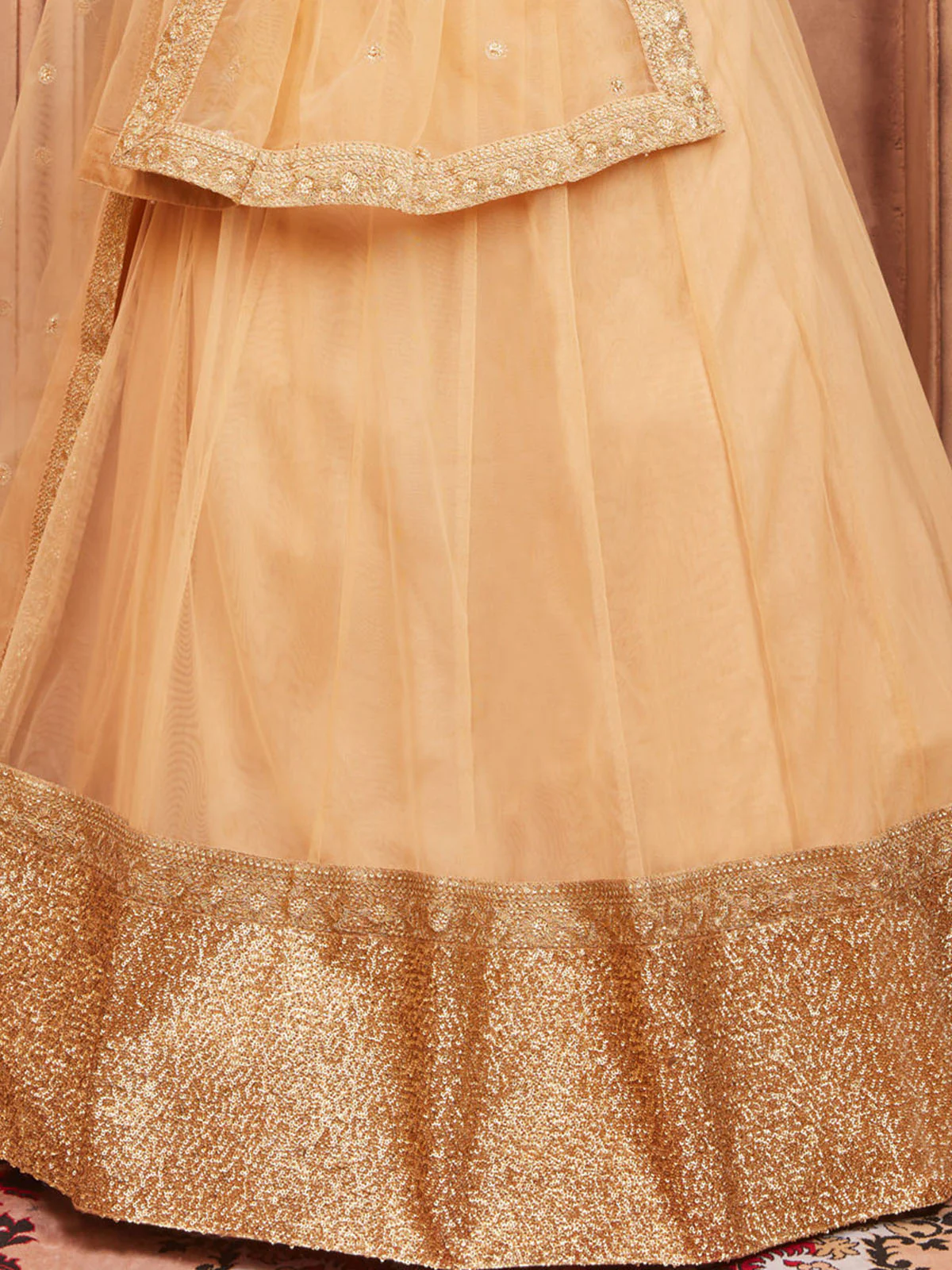 Odette Beige Embellished Soft Net Semi Stitched Lehenga With Blouse For Women - Image 5