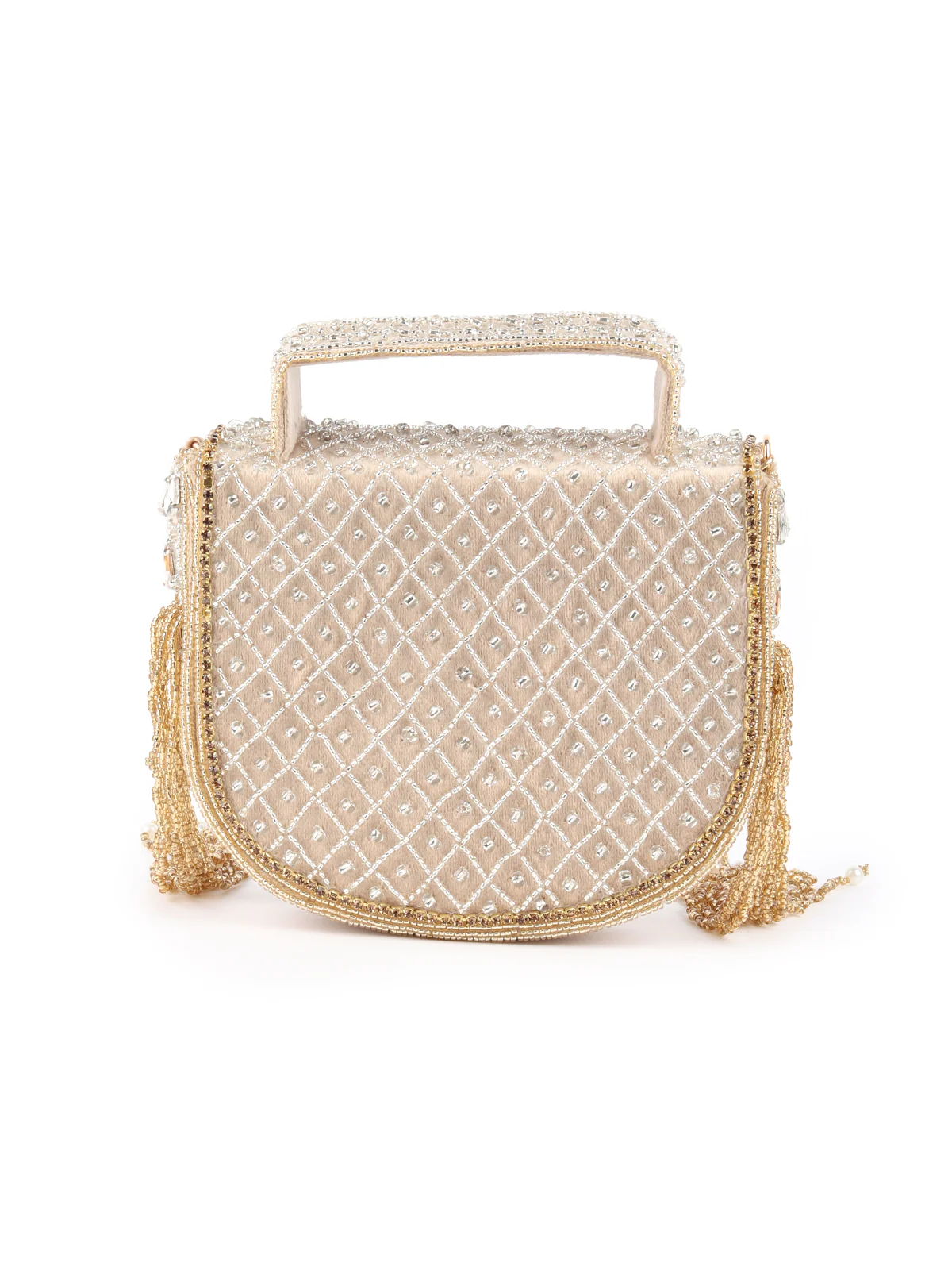 Odette Beige Embellished Structured Velvet Clutch For Women - Image 5