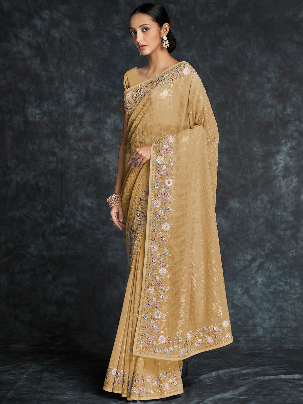Odette Beige Embroidered Georgette Saree With Unstitched Blouse For Women - Image 3