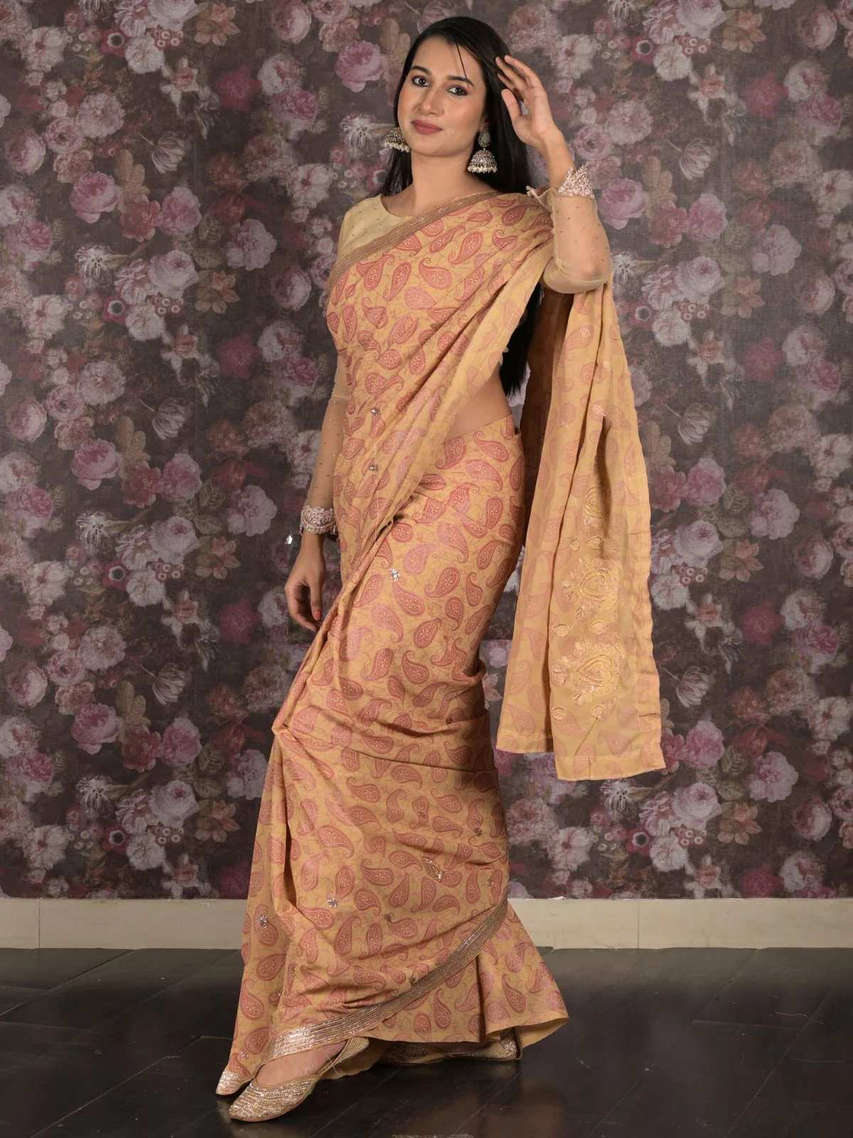 Odette Beige Embroidered Georgette Saree Without Blouse For Women - Image 3