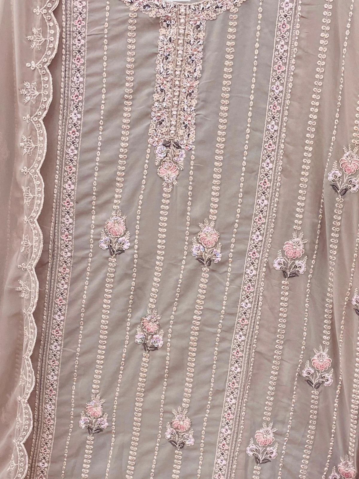 Odette Beige Embroidered Georgette Semi Stitched Kurta Set With Dupatta For Women - Image 3