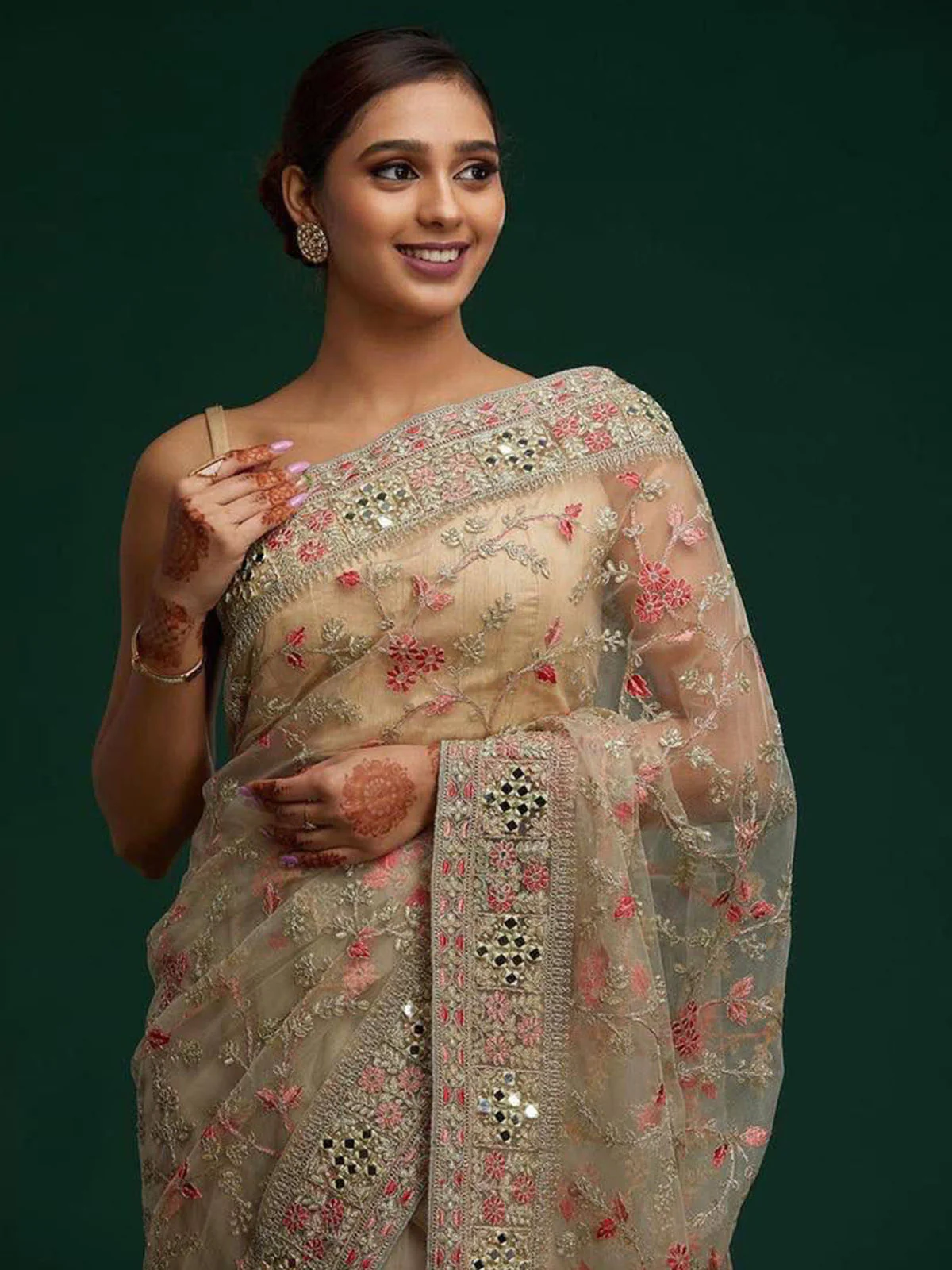 Odette Beige Embroidered Organza Saree With Unstitched Blouse For Women - Image 2