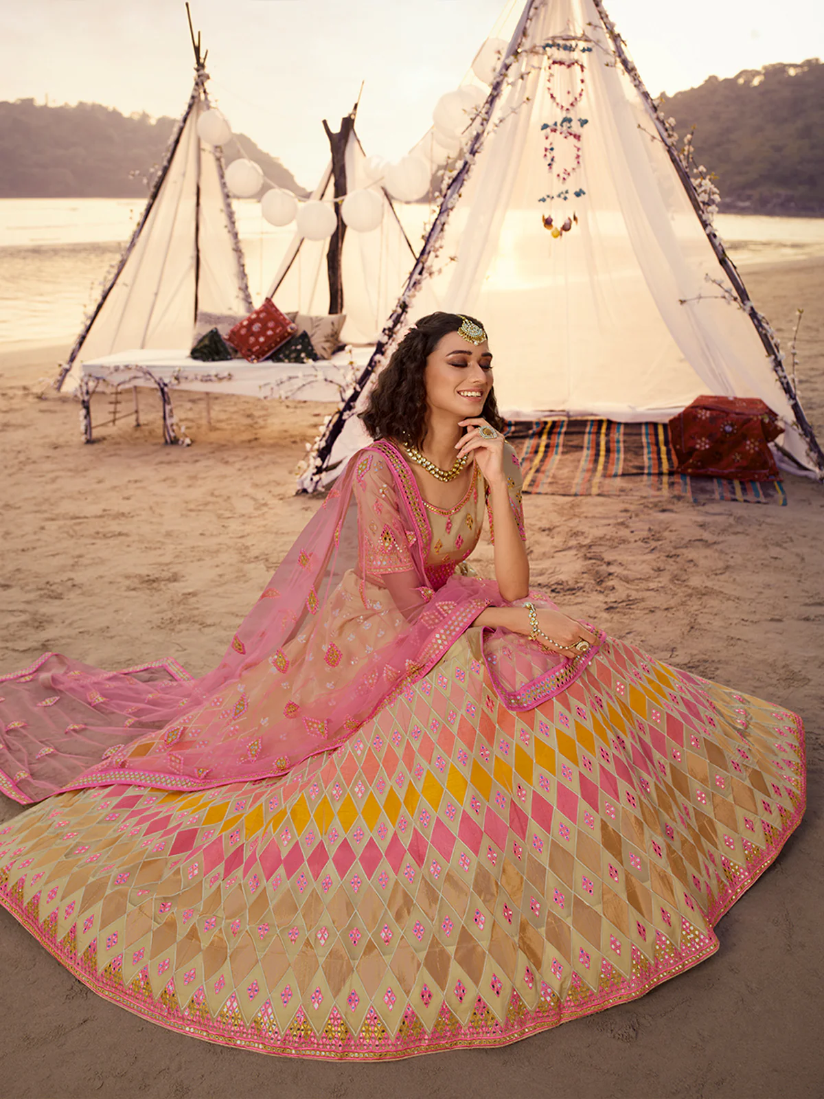 Odette Beige Embroidered Organza Semi Stitched Lehenga With Blouse For Women - Image 2