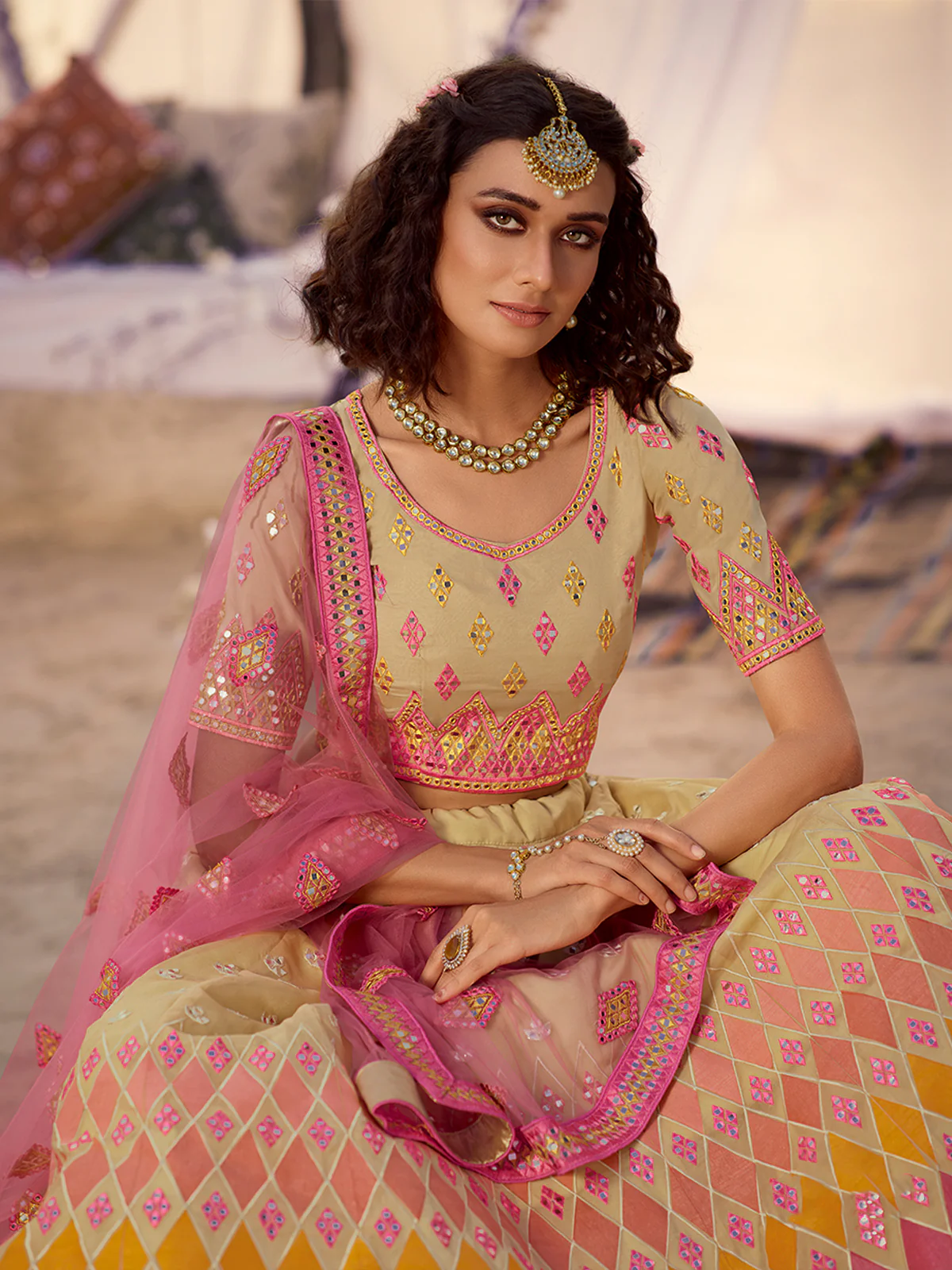 Odette Beige Embroidered Organza Semi Stitched Lehenga With Blouse For Women - Image 3