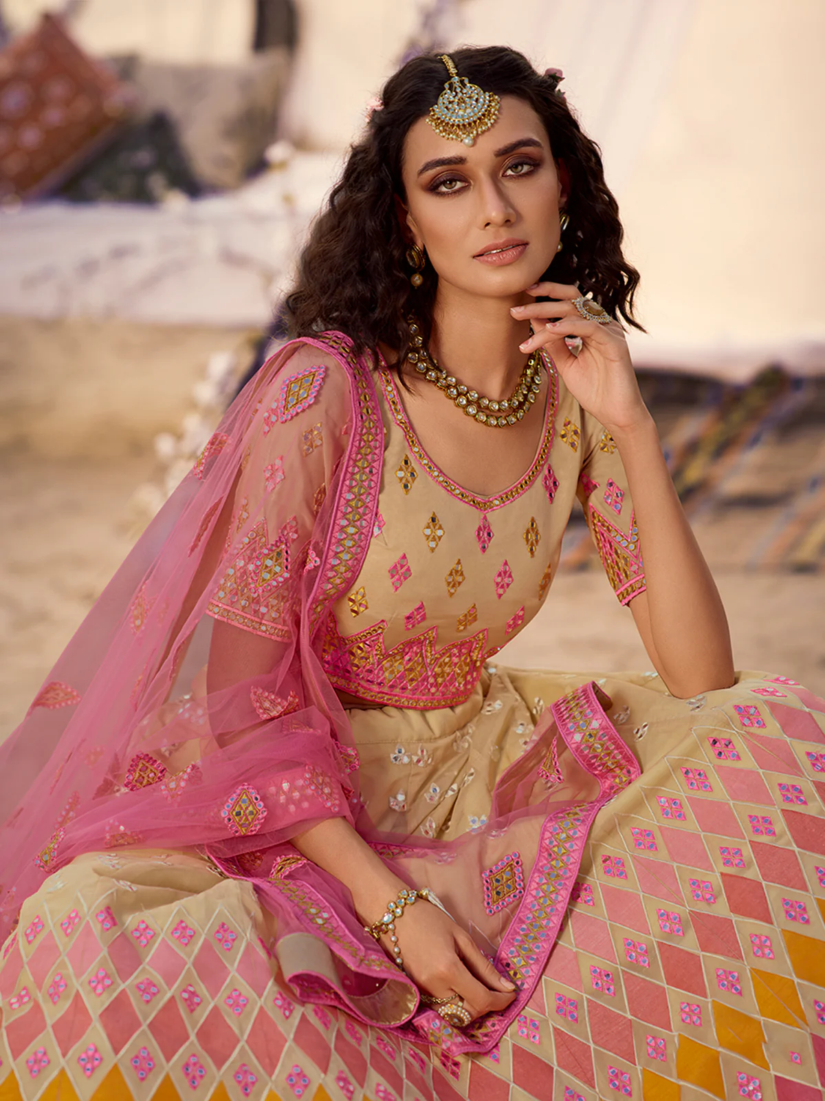 Odette Beige Embroidered Organza Semi Stitched Lehenga With Blouse For Women - Image 4