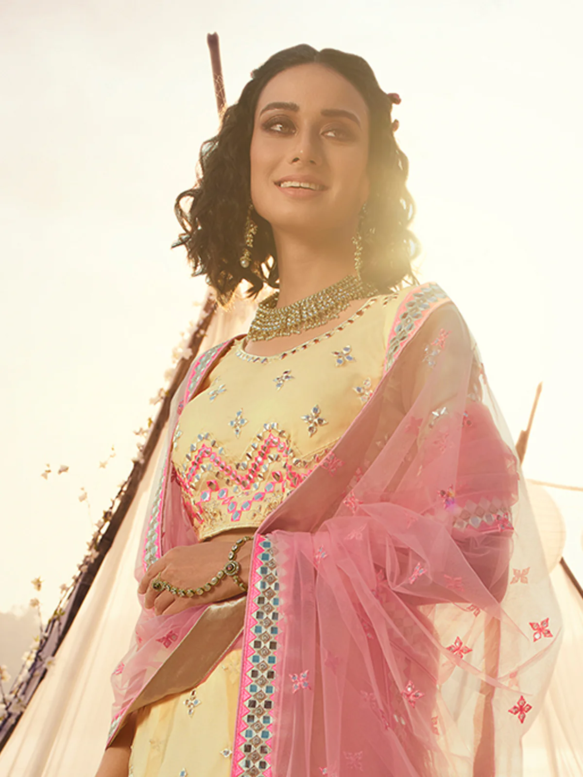 Odette Beige Embroidered Organza Semi Stitched Lehenga With Blouse For Women - Image 3