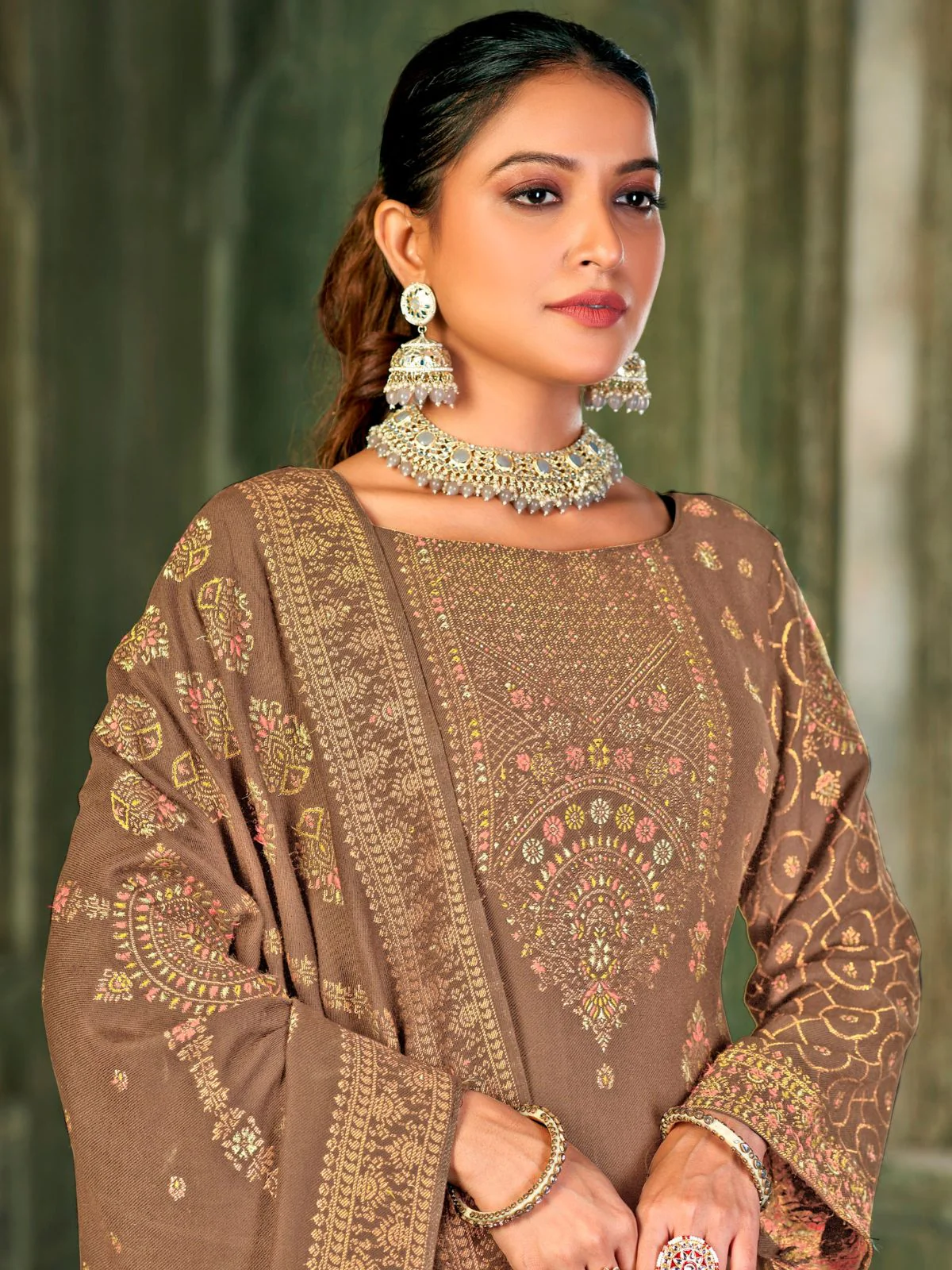 Odette Beige Embroidered Viscose Semi Stitched Kurta Set For Women - Image 2
