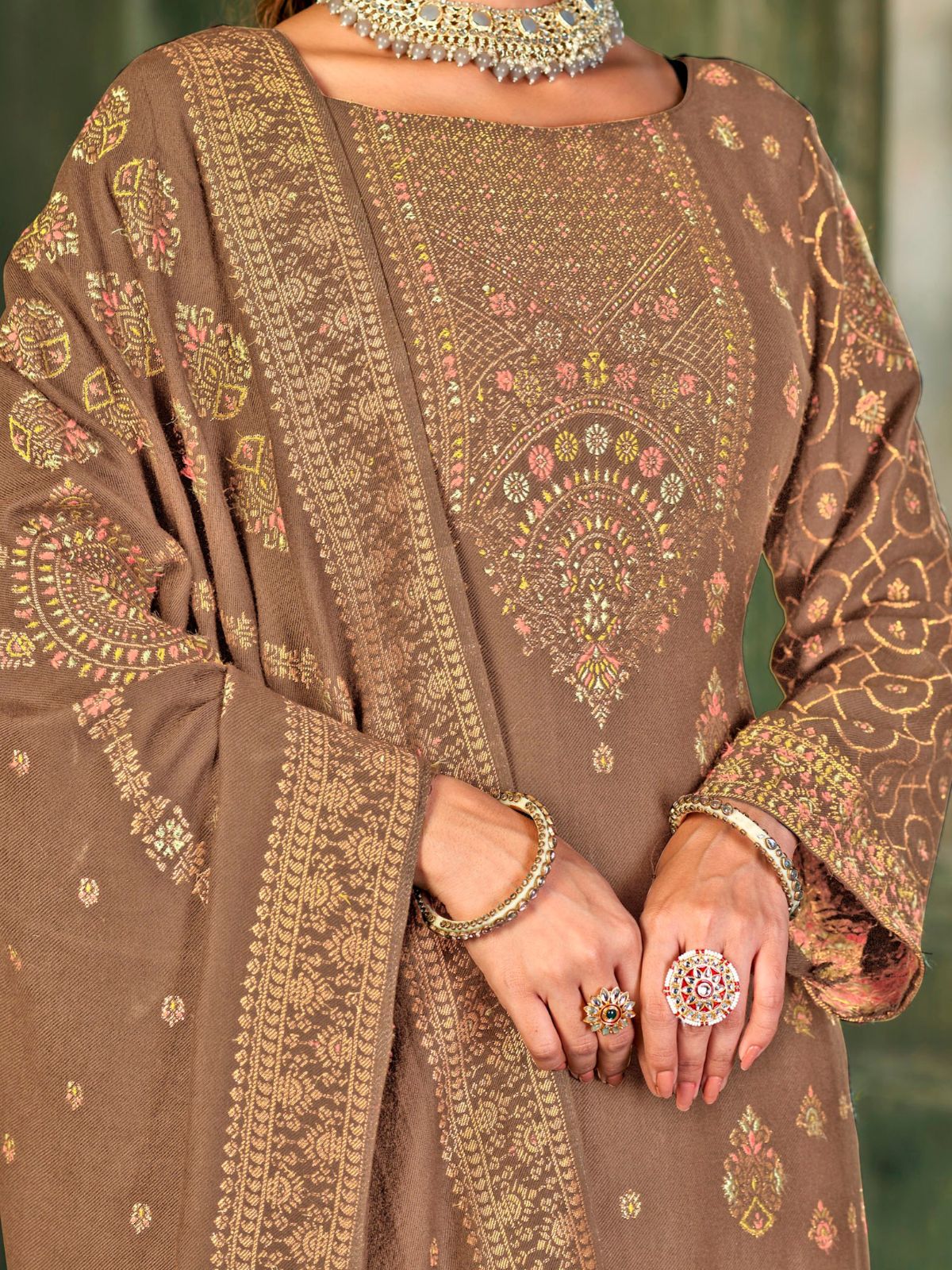 Odette Beige Embroidered Viscose Semi Stitched Kurta Set For Women - Image 3