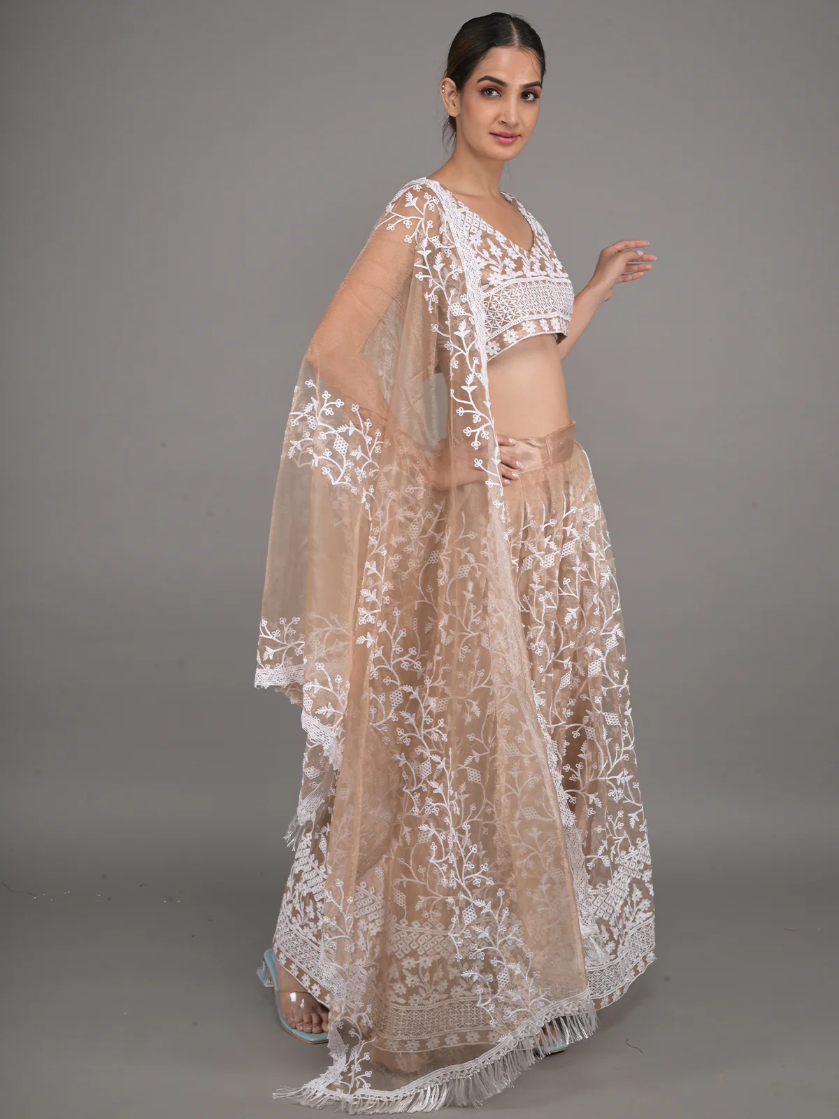 Odette Beige Embroidered Stitched Net Lehenga Set For Women - Image 2