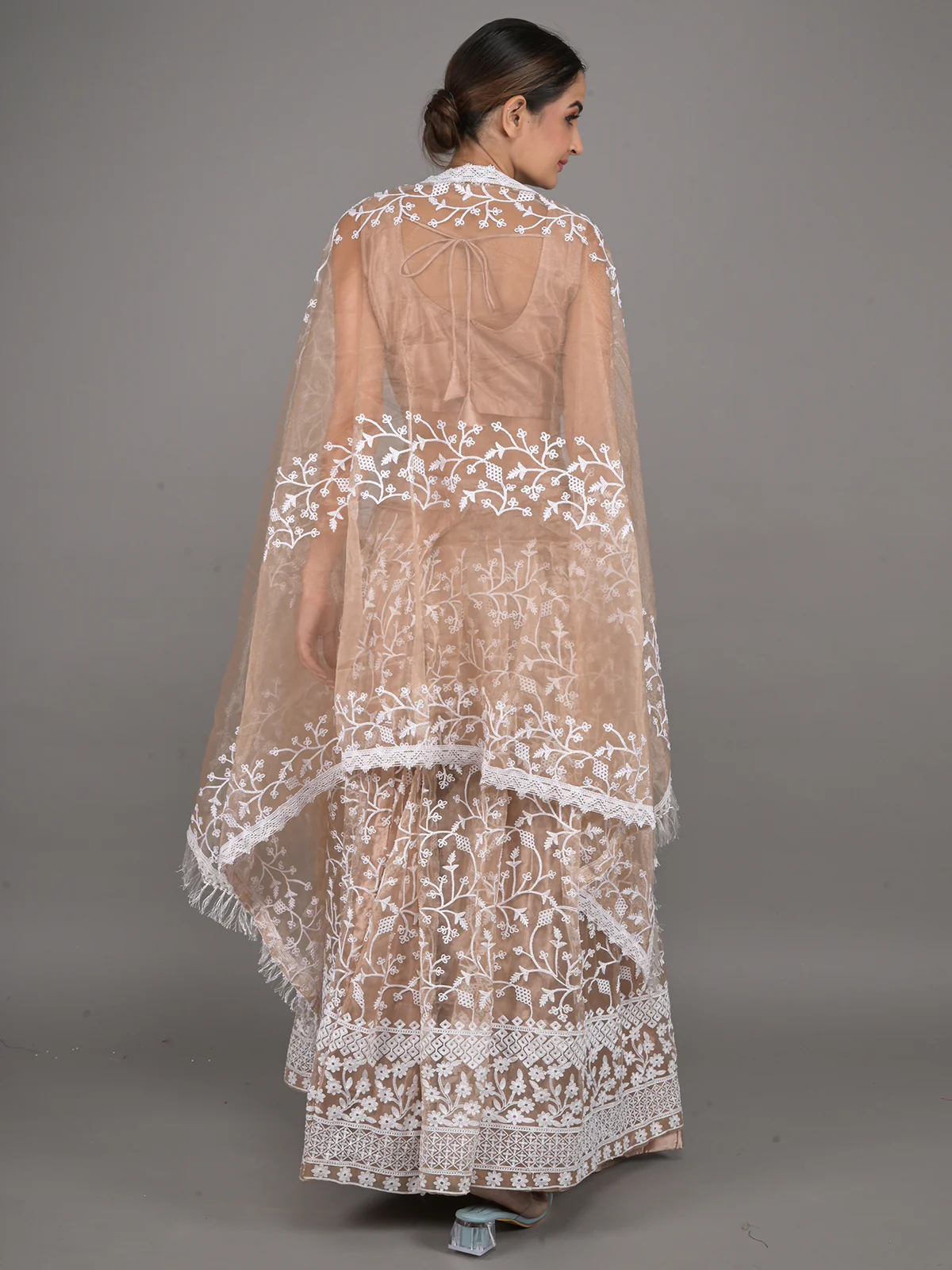 Odette Beige Embroidered Stitched Net Lehenga Set For Women - Image 3