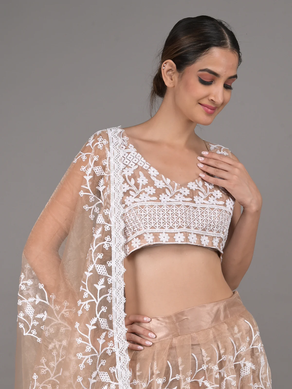 Odette Beige Embroidered Stitched Net Lehenga Set For Women - Image 4