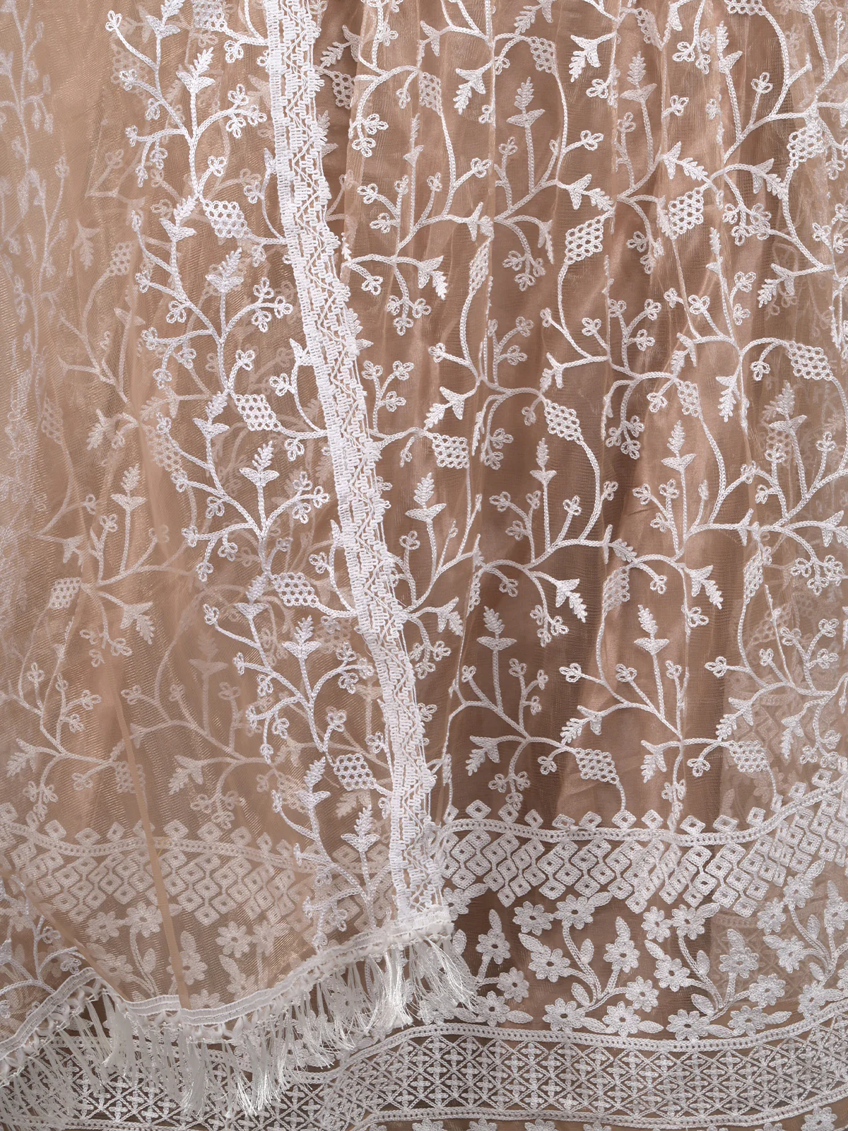 Odette Beige Embroidered Stitched Net Lehenga Set For Women - Image 5