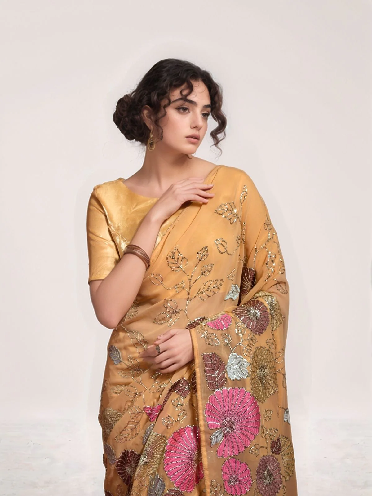 Odette Beige Georgette Embellished Saree For Women - Image 2