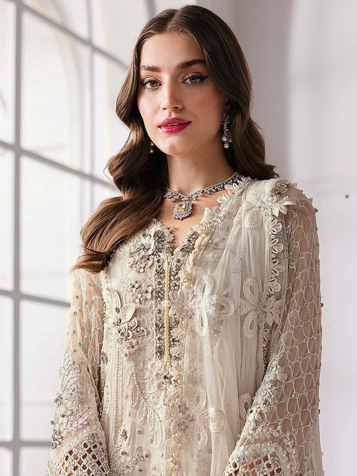 Odette Beige Georgette Embellished Semi Stitched Kurta Set For Women - Image 2