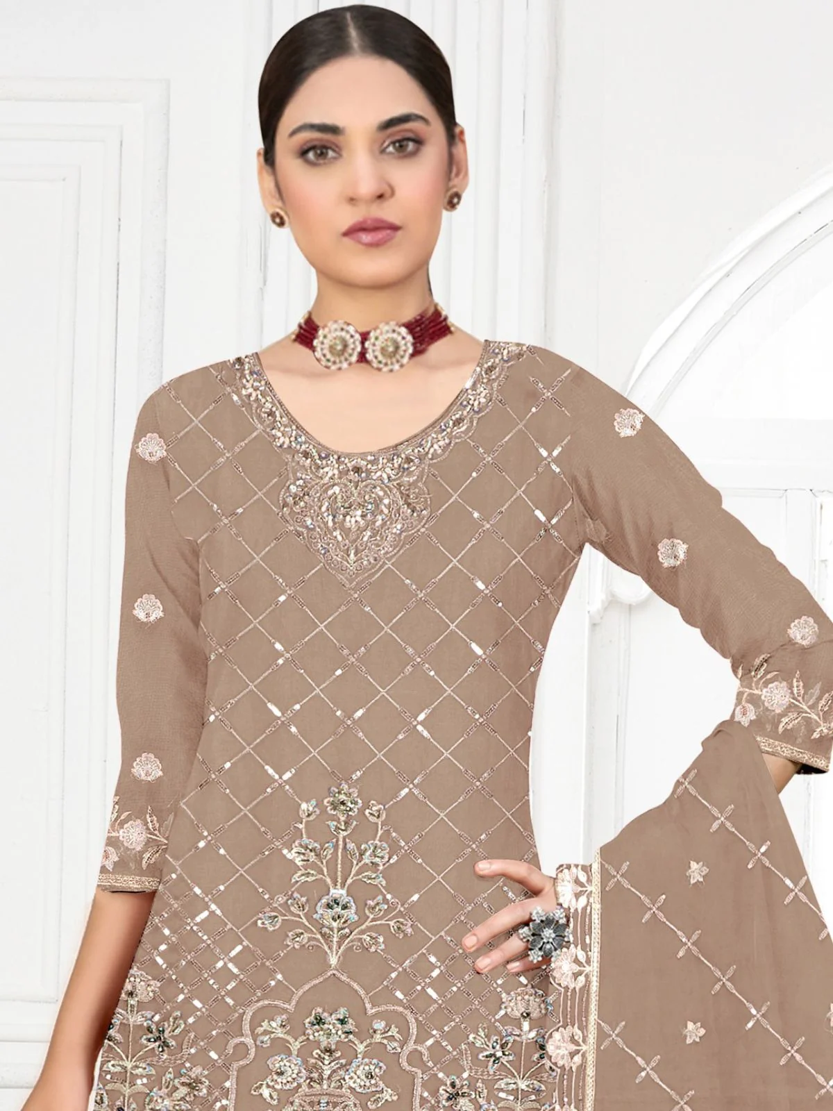 Odette Beige Georgette Embellished Semi-Stitched Kurta Set For Women - Image 2