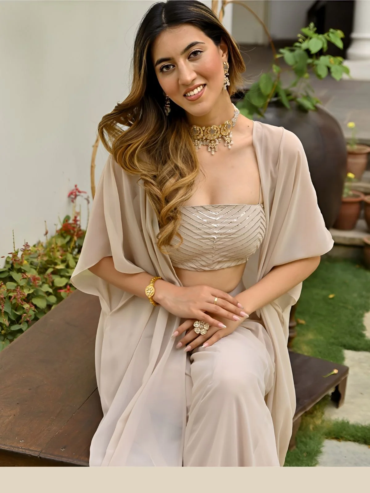 Odette Beige Georgette Embroidered Co-Ord Set For Women - Image 4