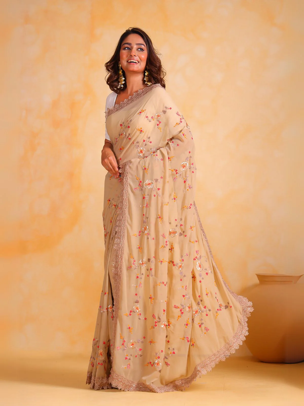 Odette Beige Georgette Embroidered Saree With Unstitched Blouse For Women - Image 2