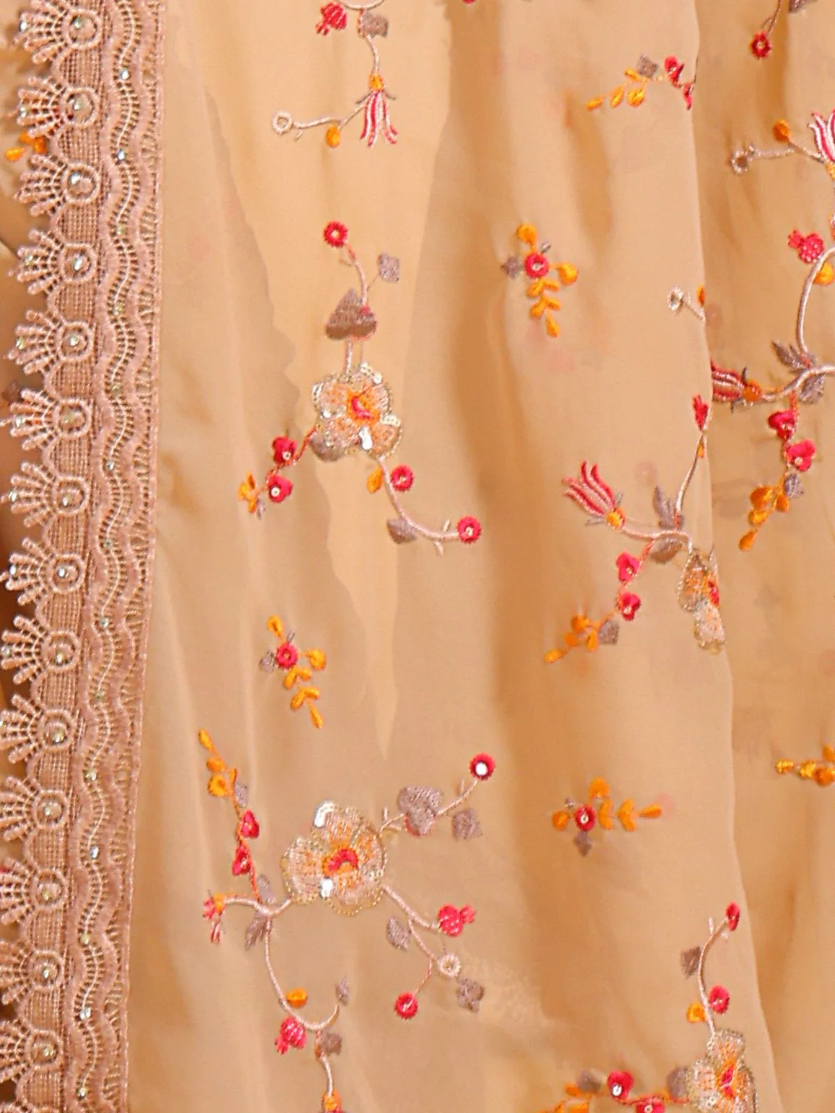 Odette Beige Georgette Embroidered Saree With Unstitched Blouse For Women - Image 5