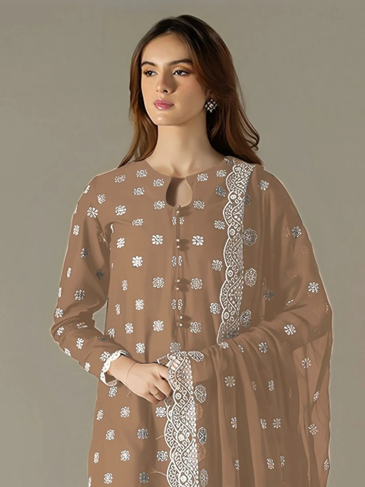 Odette Beige Georgette Embroidered Semi Stitched Kurta Set For Women - Image 2