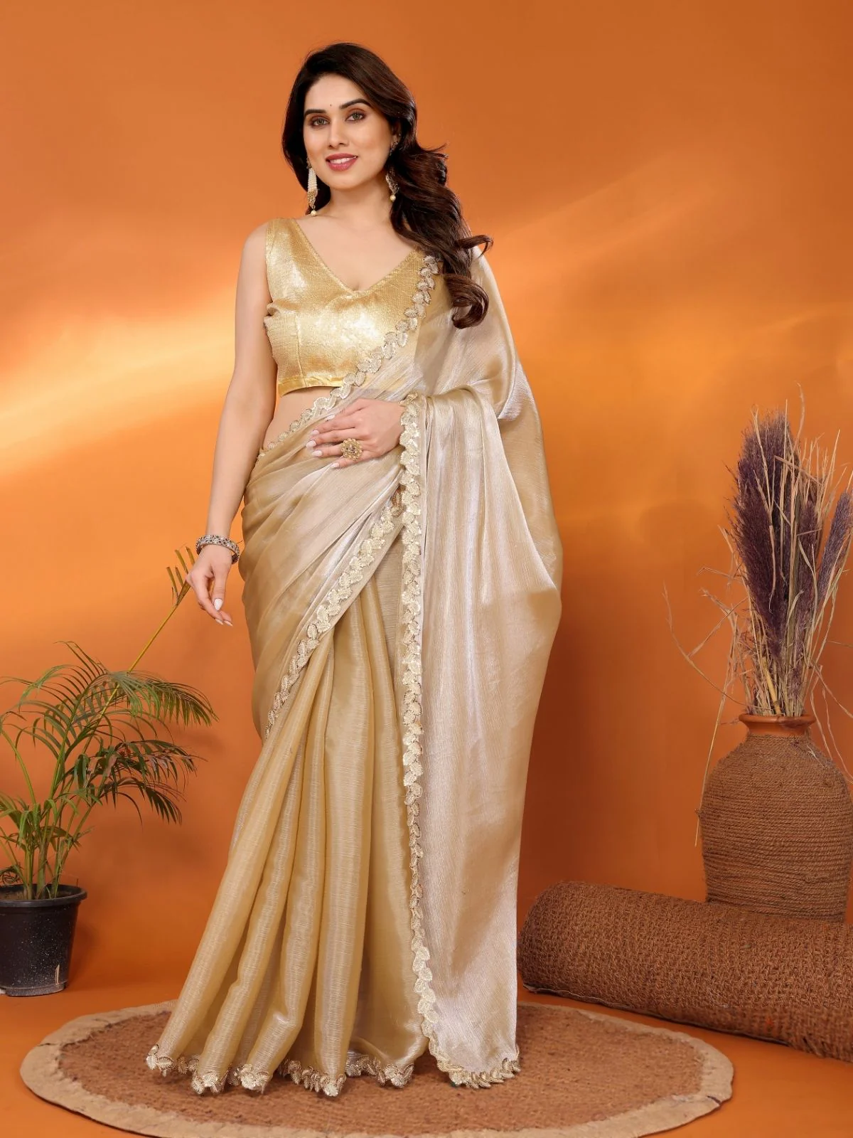Odette Beige Georgette Lace Work Saree For Women