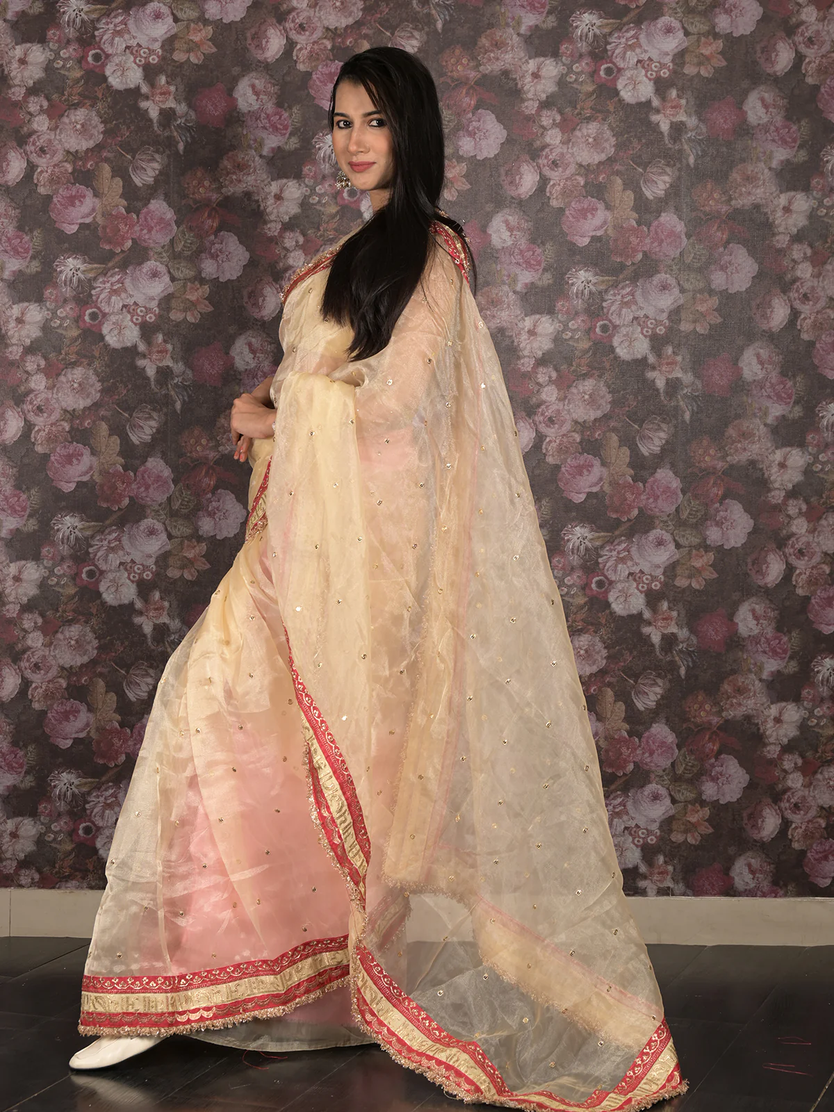 Odette Beige Gota and Sequins Embroidered Organza Saree with Unstitched Blouse for Women - Image 3