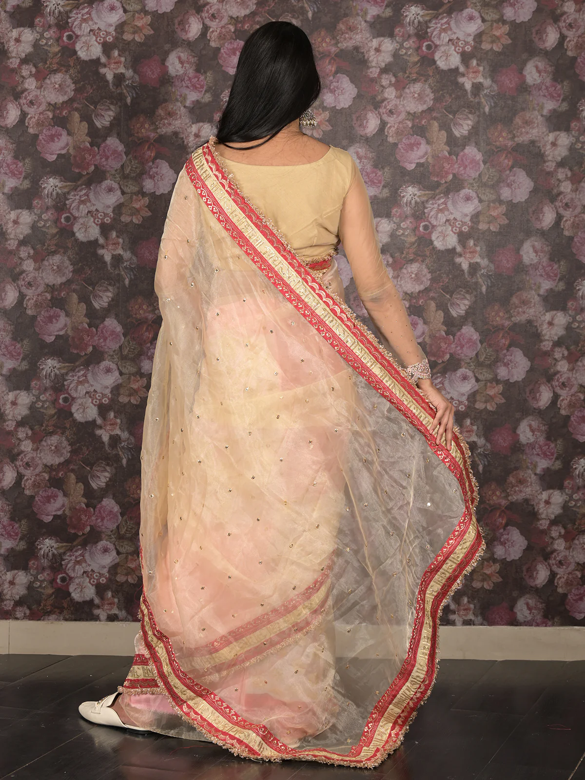 Odette Beige Gota and Sequins Embroidered Organza Saree with Unstitched Blouse for Women - Image 4