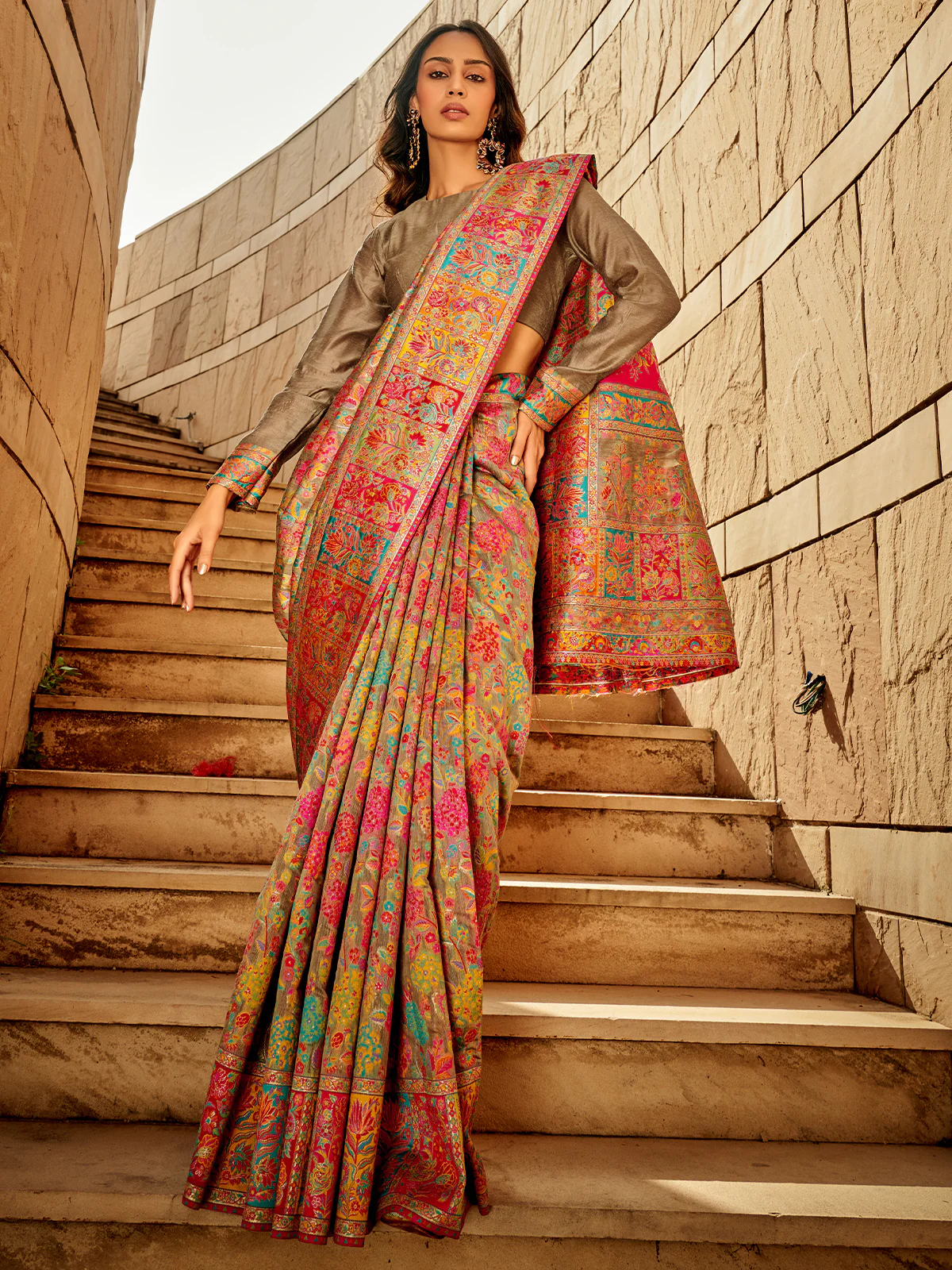 Odette Beige Kashmiri Handloom Woven Saree For Women - Image 2