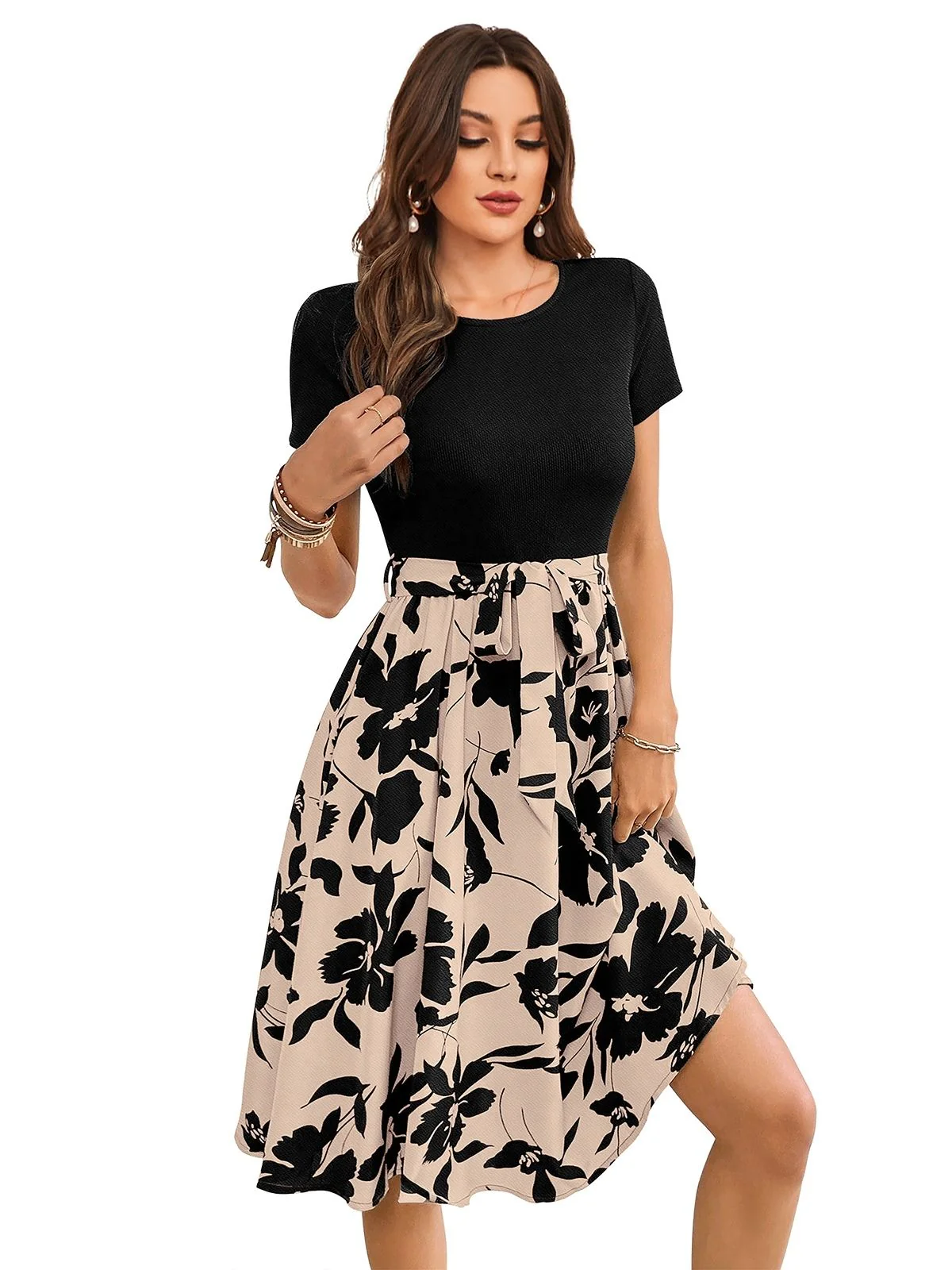 Odette Beige Knit Printed Dress For Women - Image 2