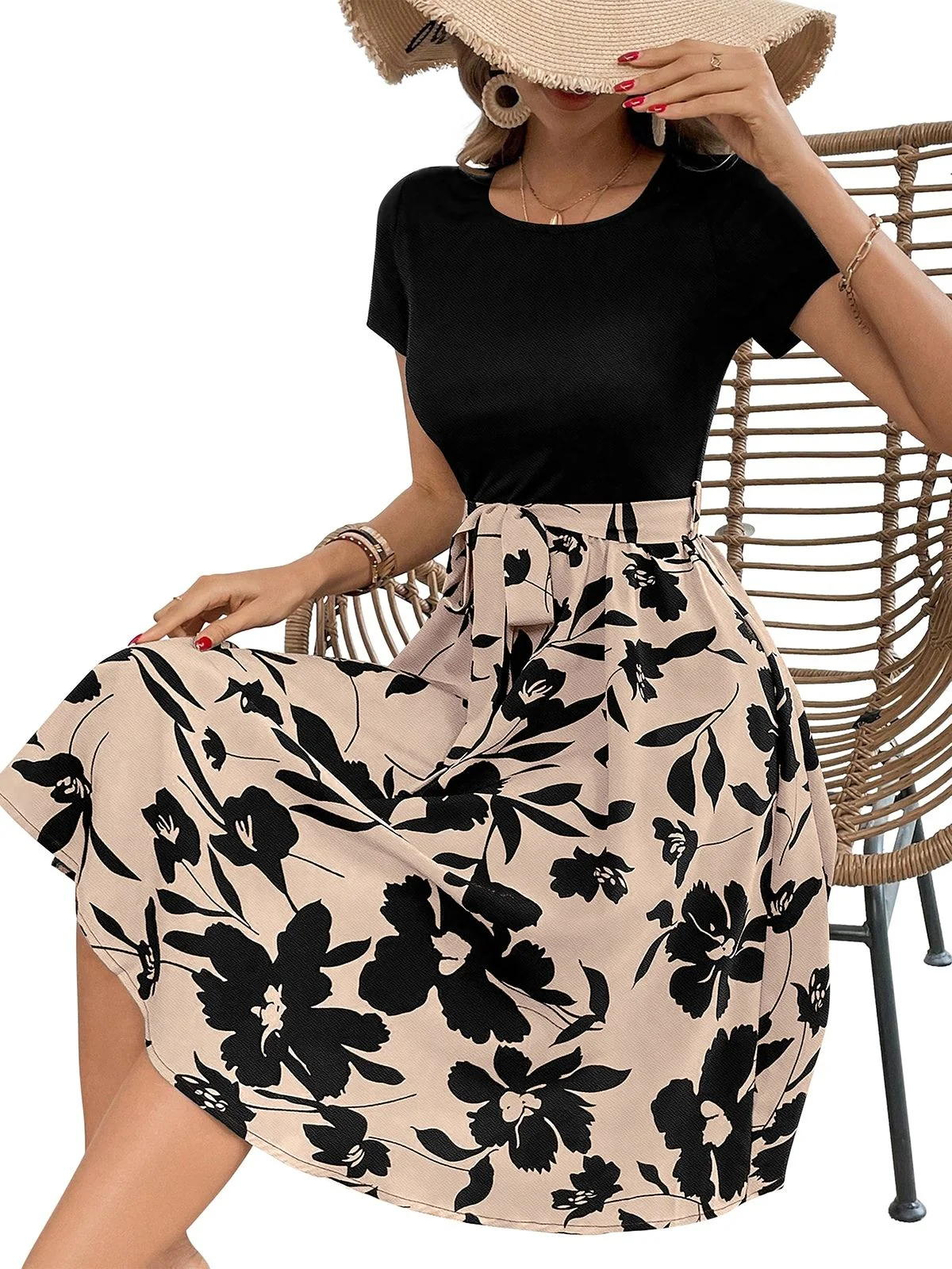Odette Beige Knit Printed Dress For Women - Image 4