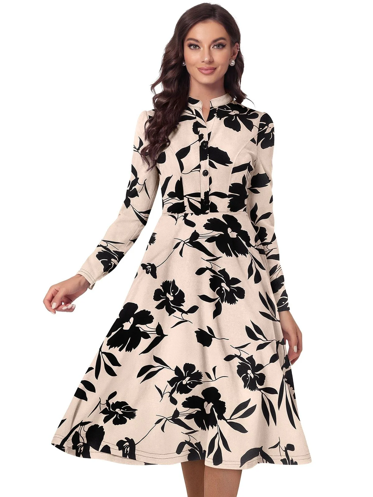 Odette Beige Knit Printed Dress For Women - Image 2