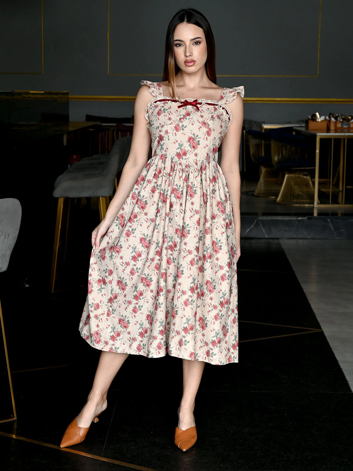 Odette Beige Light Corduroy Printed Dress For Women - Image 2