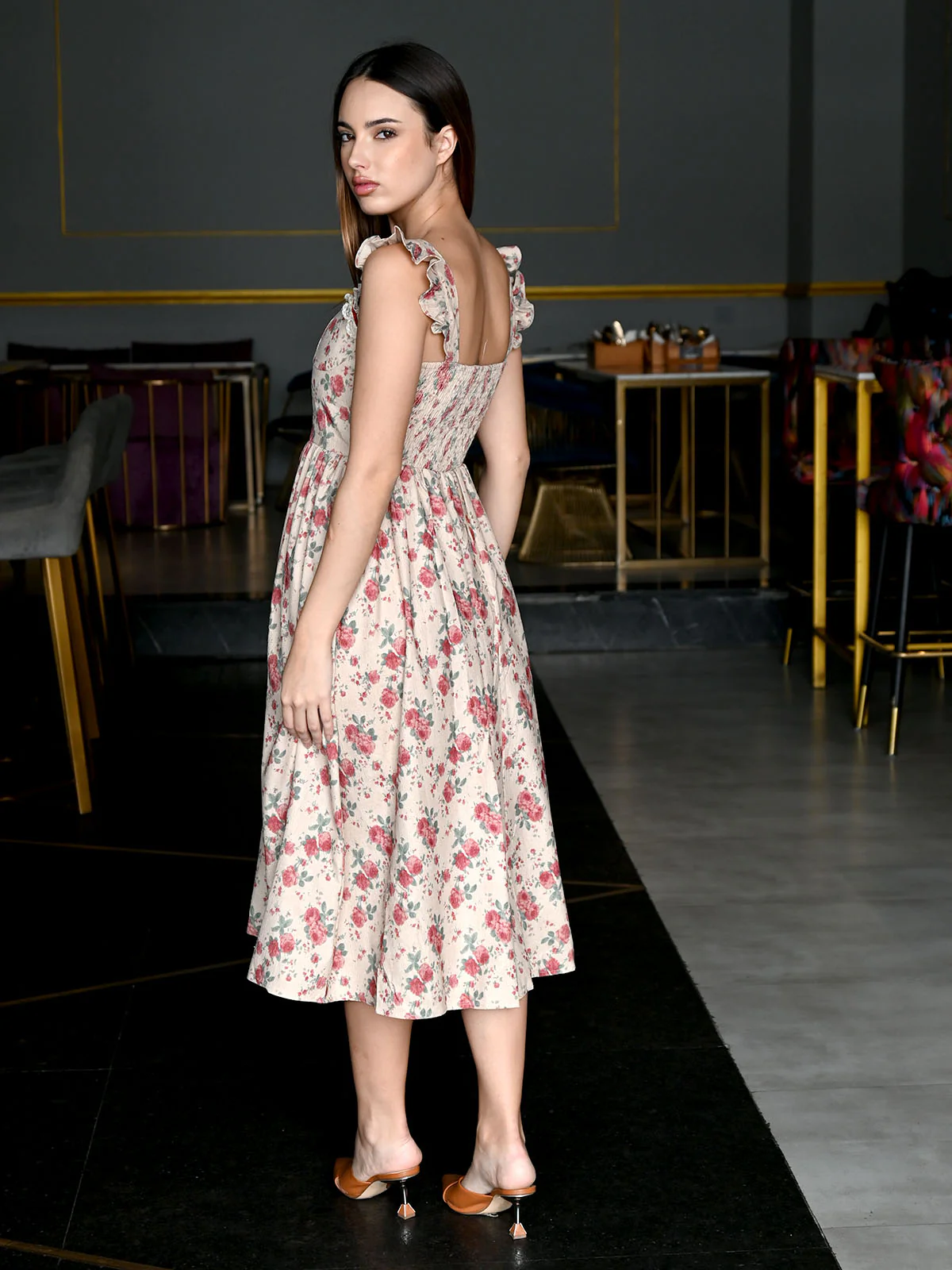 Odette Beige Light Corduroy Printed Dress For Women - Image 4