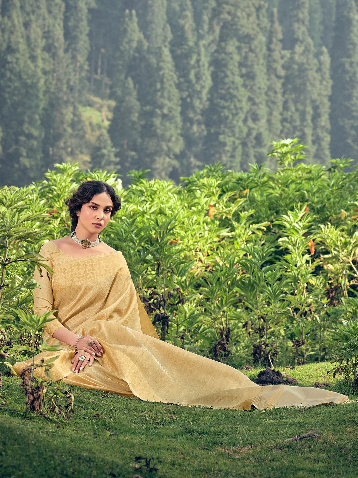 Odette Beige Linen Tissue Saree for Women With Unstitched Blouse - Image 2