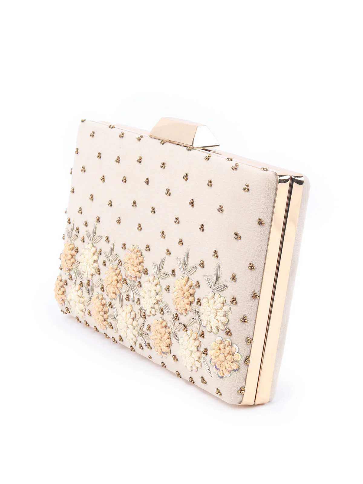 Odette Beige Metal Embroidered Clutch Bag For Women - Image 4