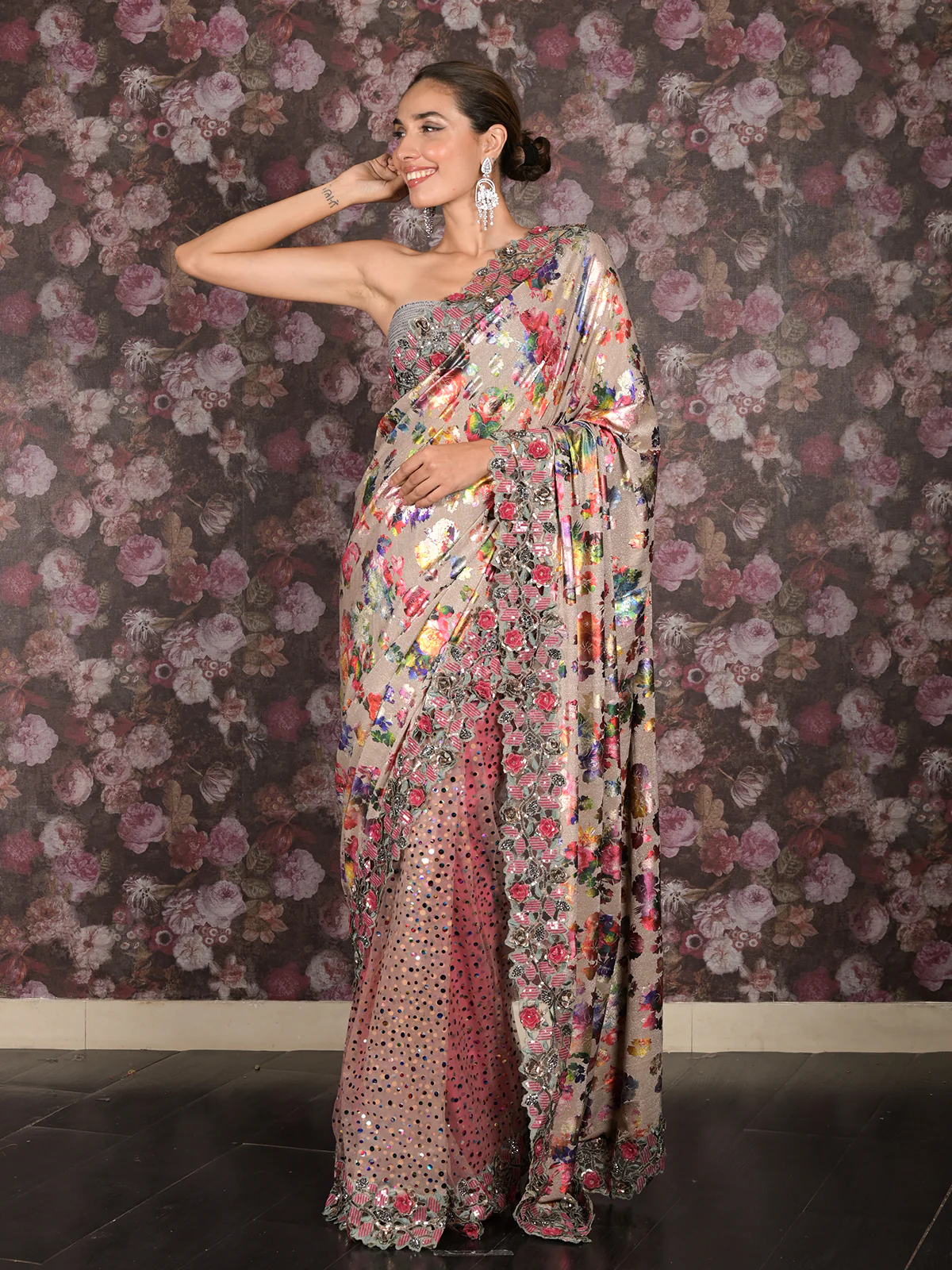 Odette Beige Net And Shimmer Half-Half Printed Saree With Unstitched Blouse For Women - Image 3