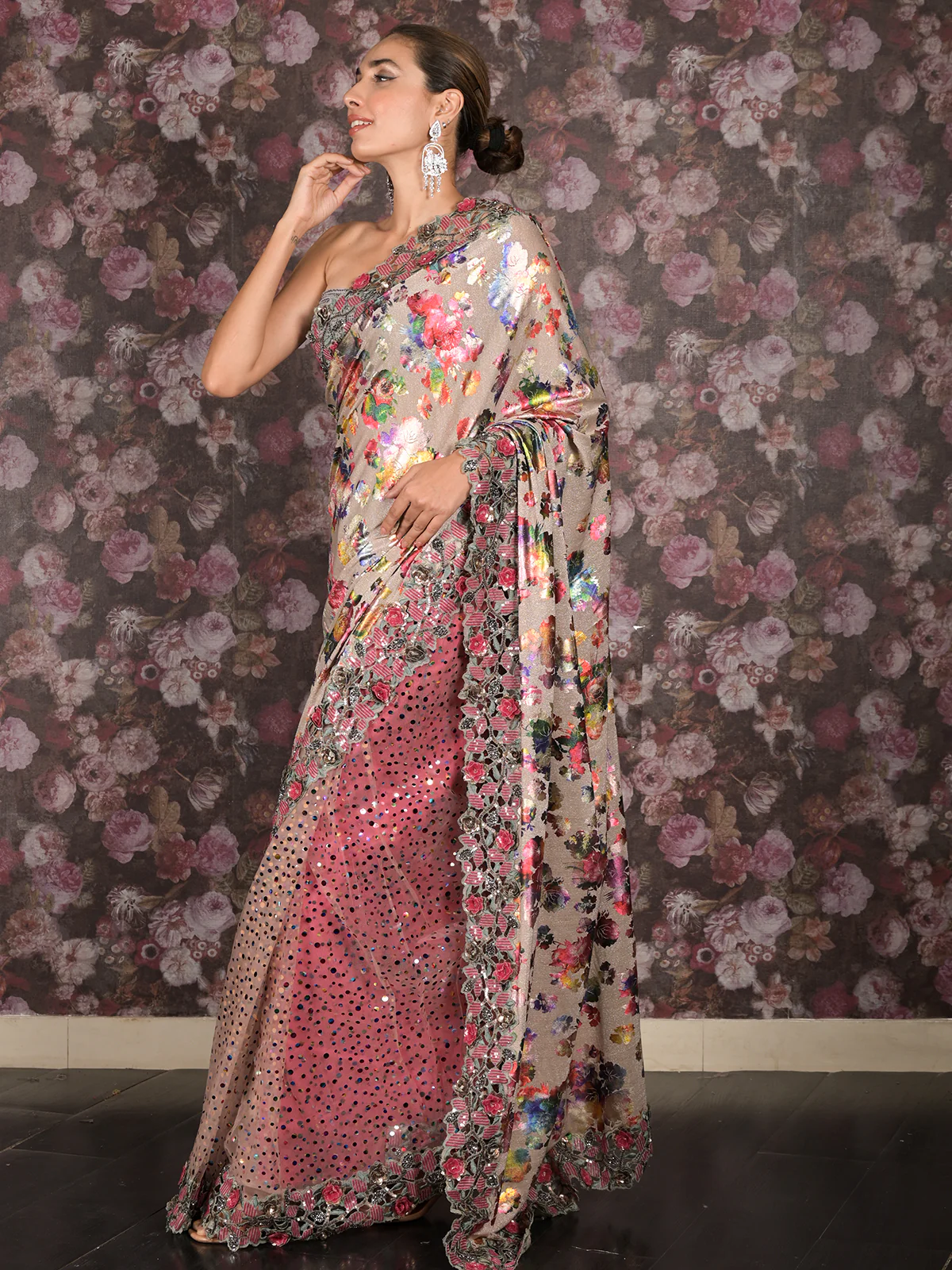 Odette Beige Net And Shimmer Half-Half Printed Saree With Unstitched Blouse For Women - Image 4