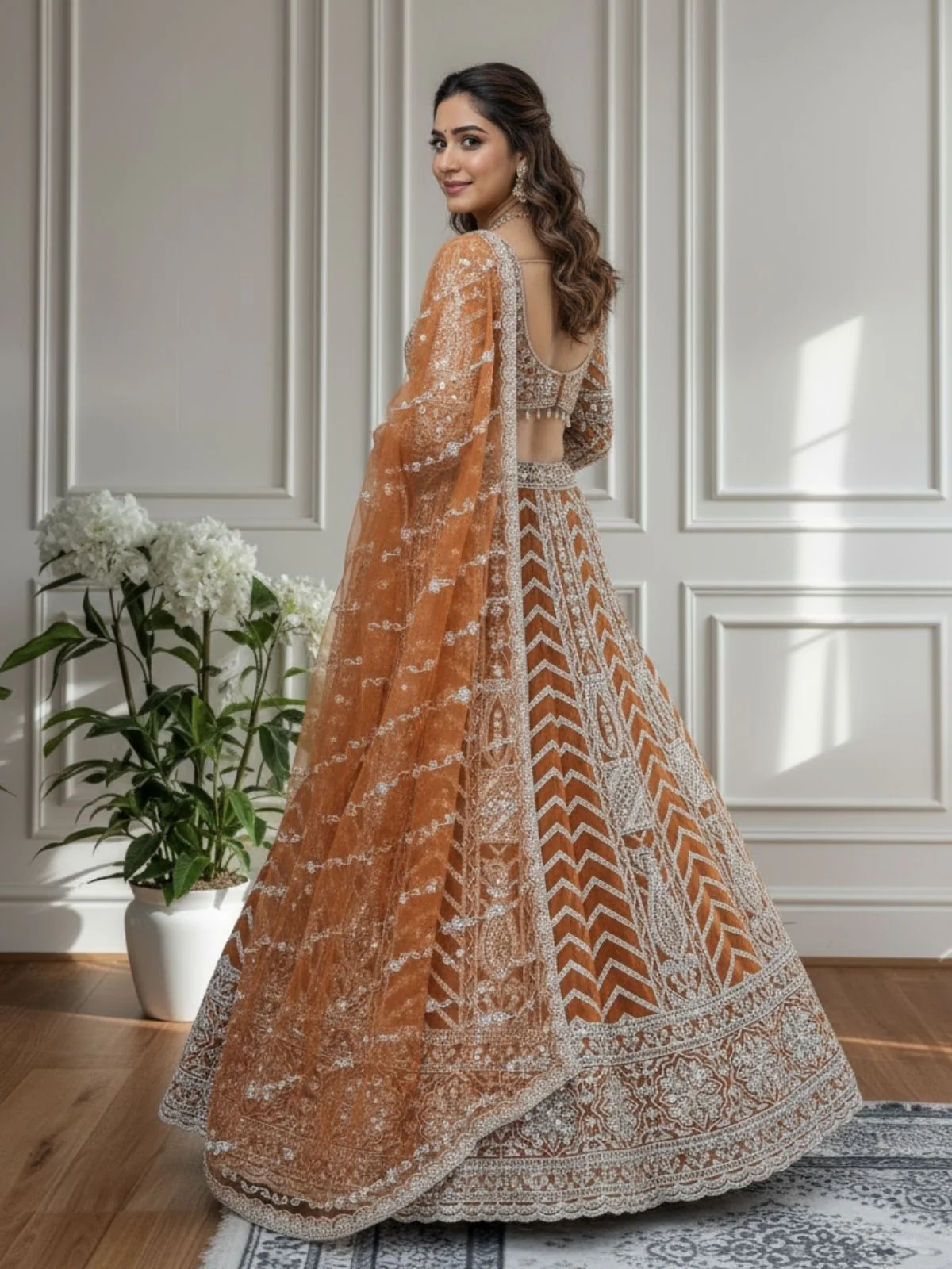 Odette Beige Net Embellished Semi Stitched Lehenga For Women - Image 2