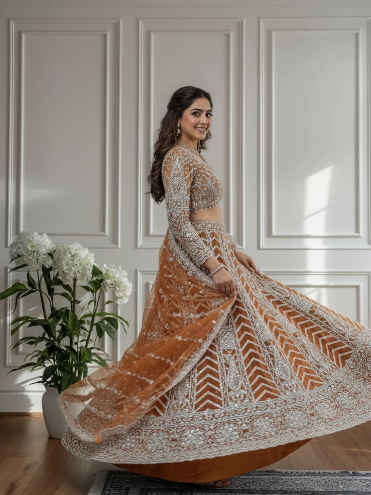 Odette Beige Net Embellished Semi Stitched Lehenga For Women - Image 3