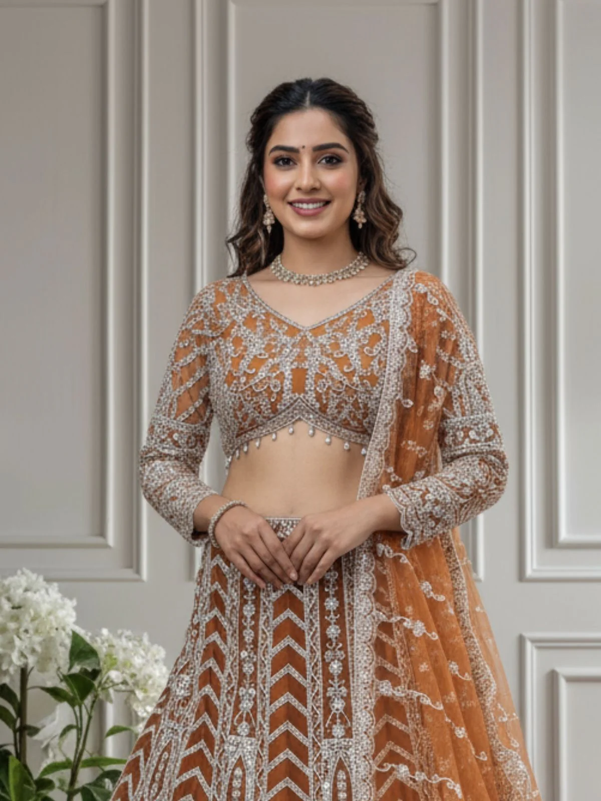 Odette Beige Net Embellished Semi Stitched Lehenga For Women - Image 4