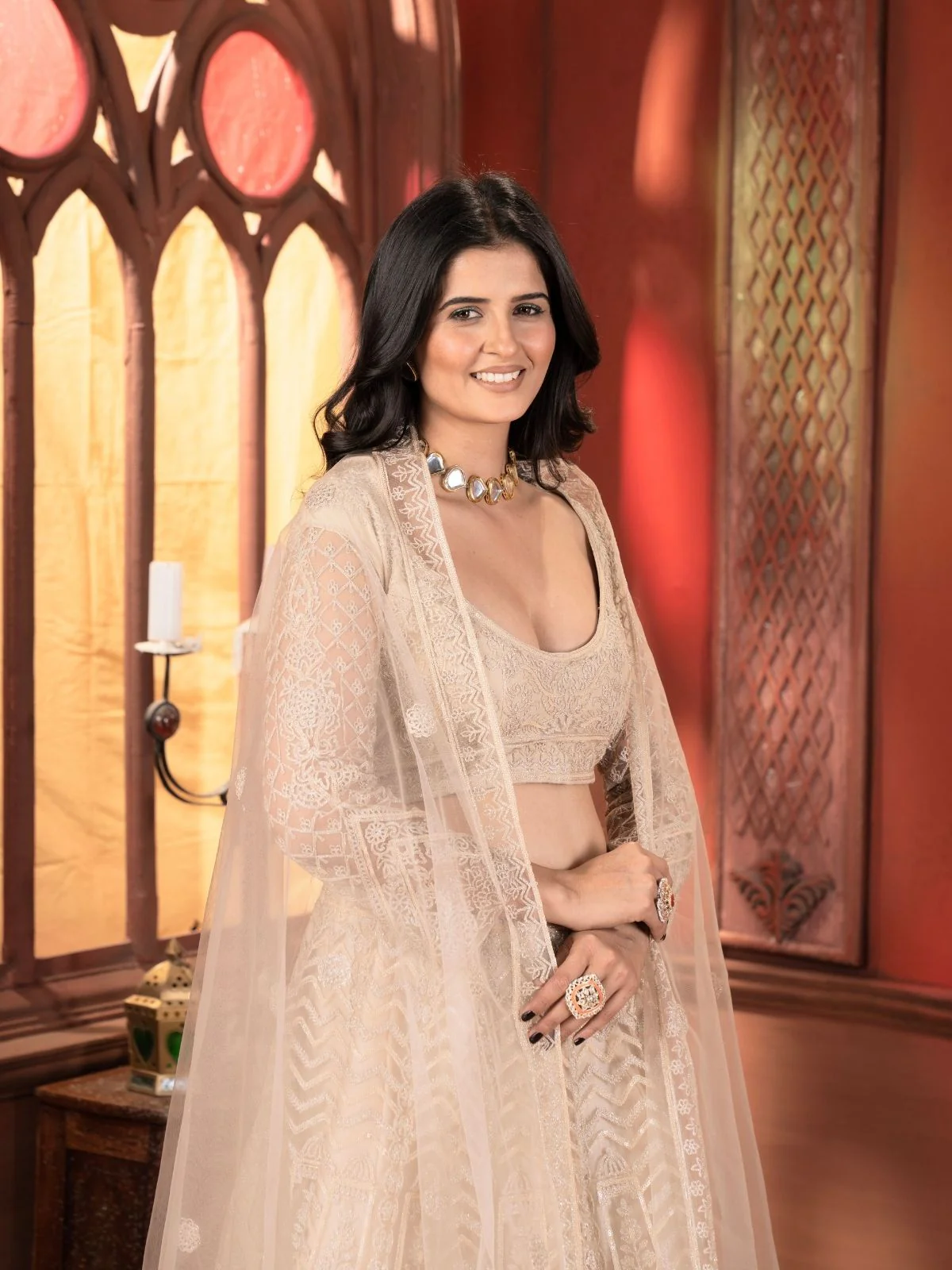 Odette Beige Net Embellished Semi Stitched Lehenga For Women - Image 4