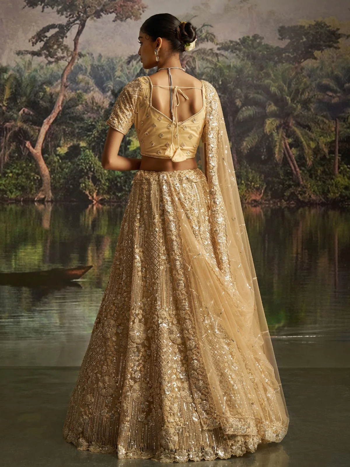 Odette Beige Net Embellished Semi-Stitched Lehenga For Women - Image 2