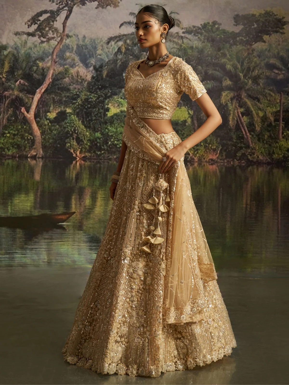 Odette Beige Net Embellished Semi-Stitched Lehenga For Women - Image 3