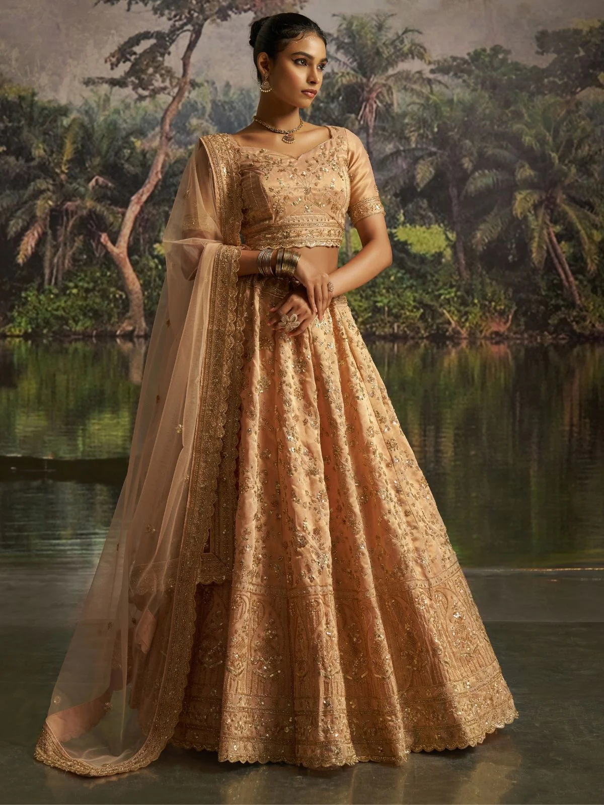 Odette Golden Beige Net Embellished Semi-Stitched Lehenga For Women - Image 3