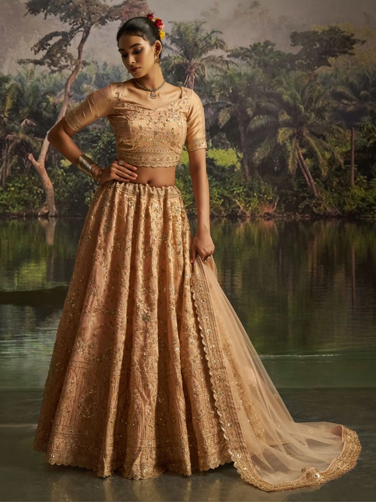 Odette Golden Beige Net Embellished Semi-Stitched Lehenga For Women - Image 4