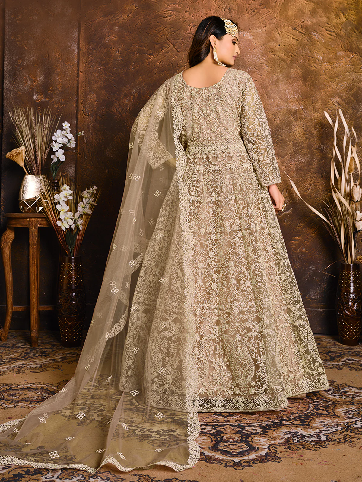 Odette Beige Net Embroidered Semi stitched Kurta Set with Inner For Women - Image 2