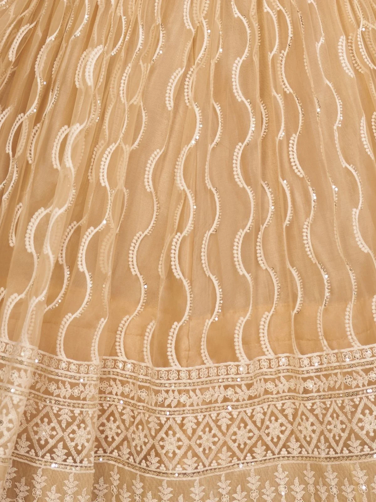 Odette Beige Net Embroidered Semi Stitched Lehenga For Women - Image 5
