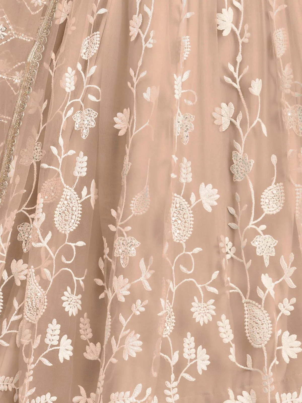 Odette Beige Net Embroidered Semi Stitched Lehenga For Women - Image 5